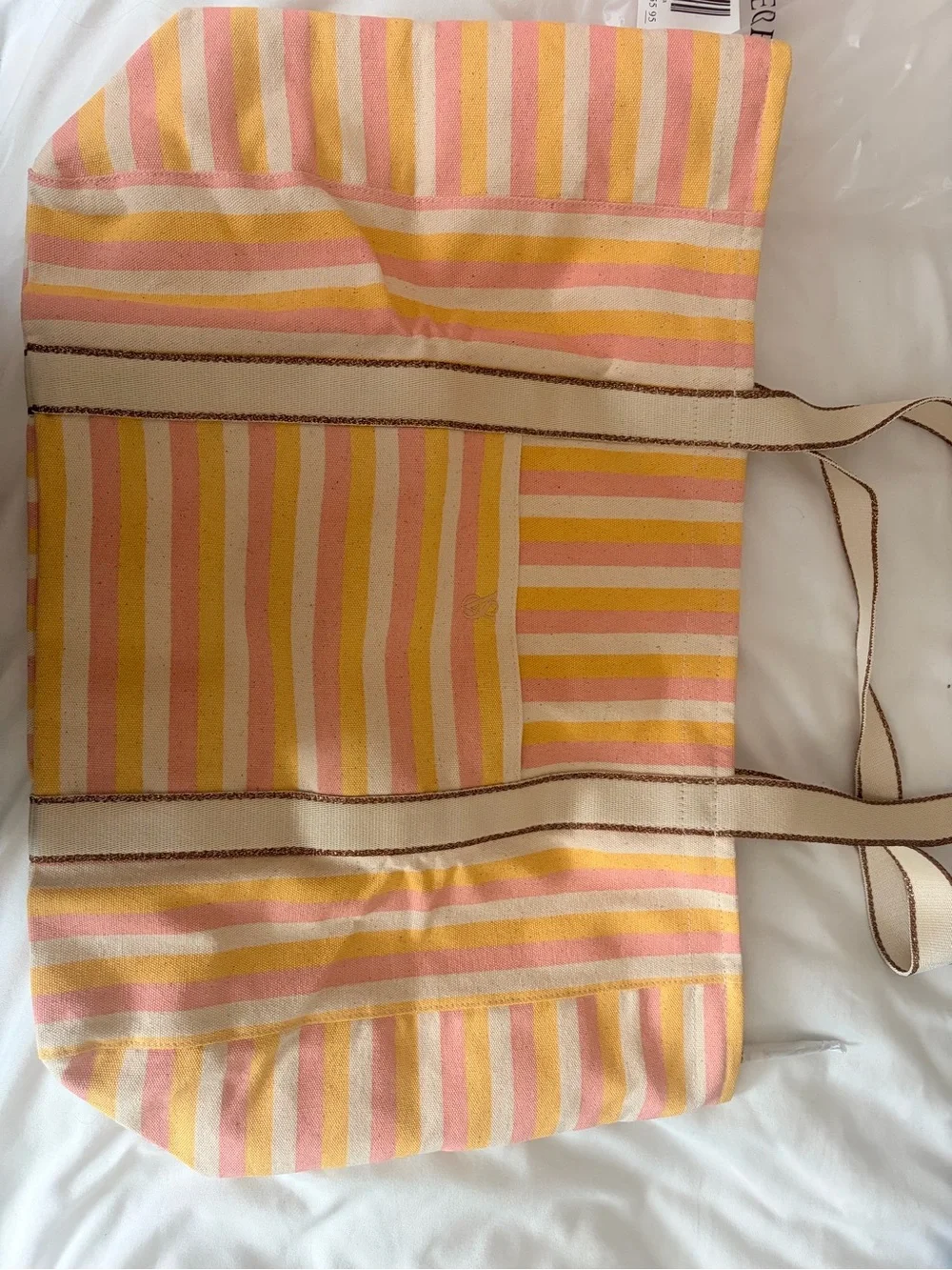 Victorias Secret Striped Pink & Yellow Canvas Tote Bag